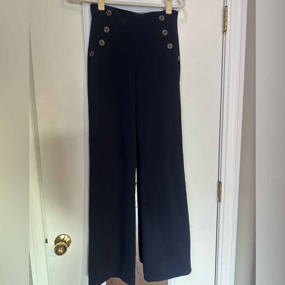 Express Navy Wide-Leg Pants with Gold Buttons